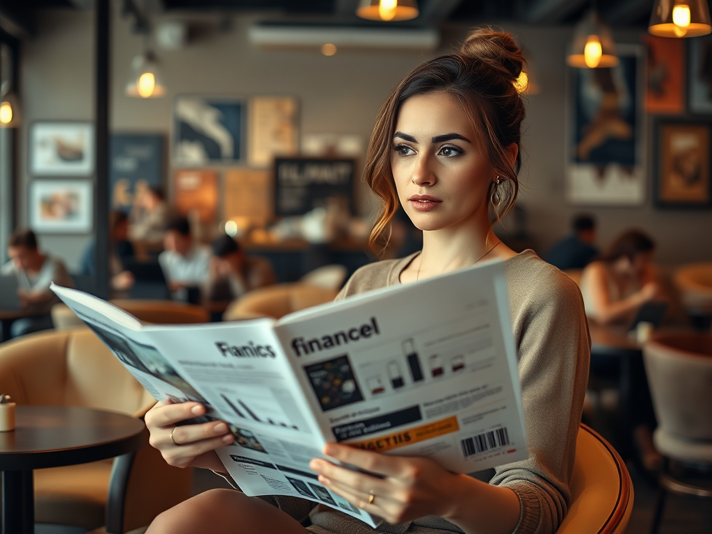 Женщина читает журнал о финансах в уютном кафе с мягким освещением и современным интерьером.